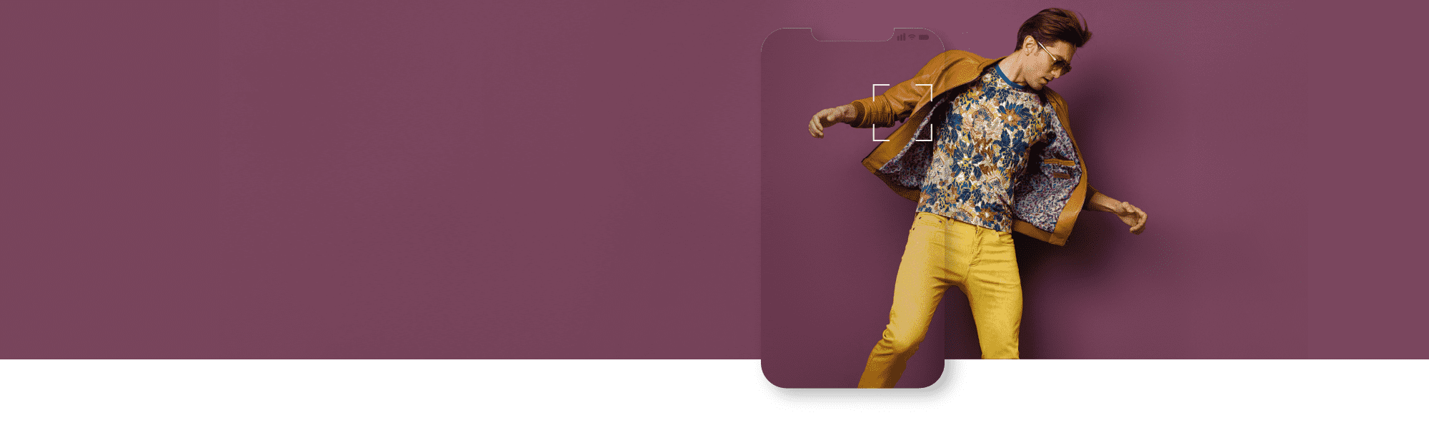 Image of a fashionable dressed man wearing yellow trousers overlaid with a mobile phone screen